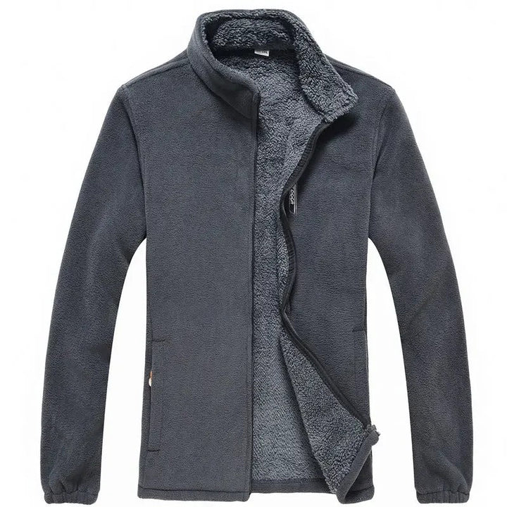 "Miesten fleece-vuorattu vetoketjullinen ulkotakki, harmaa, tyylikäs ja lämmin ulkoiluun, tuulenpitävä korkea kaulus."