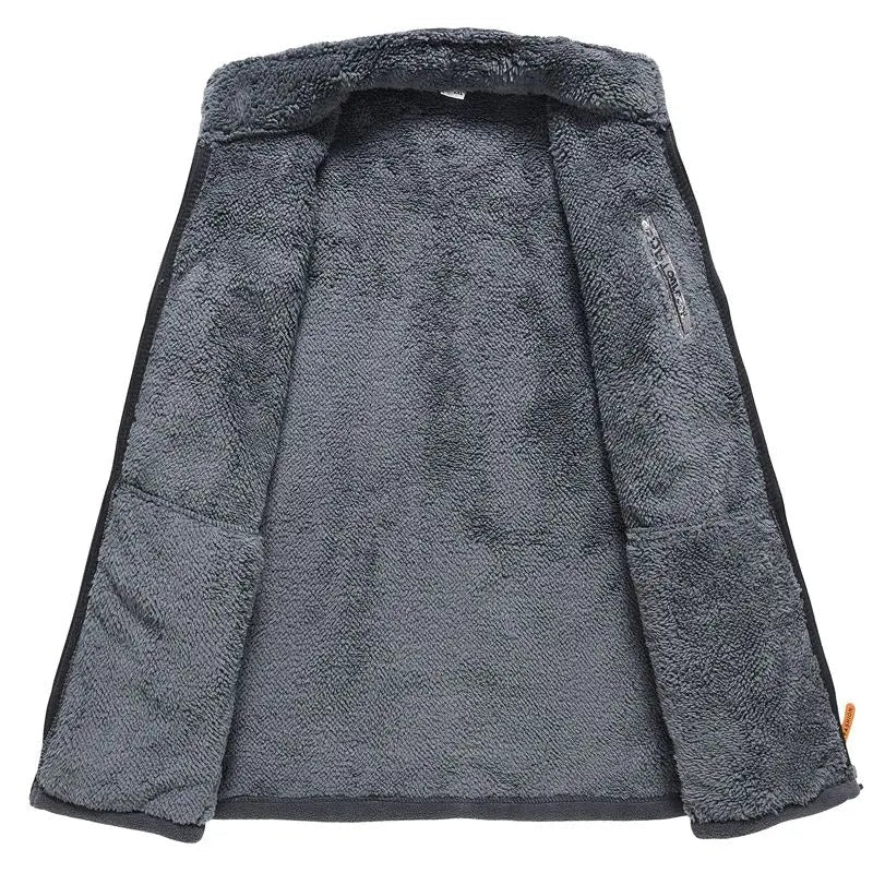 "Miesten fleece-vuorattu vetoketjullinen ulkotakki, harmaa, tyylikäs ja lämmin ulkoiluun, tuulenpitävä korkea kaulus."