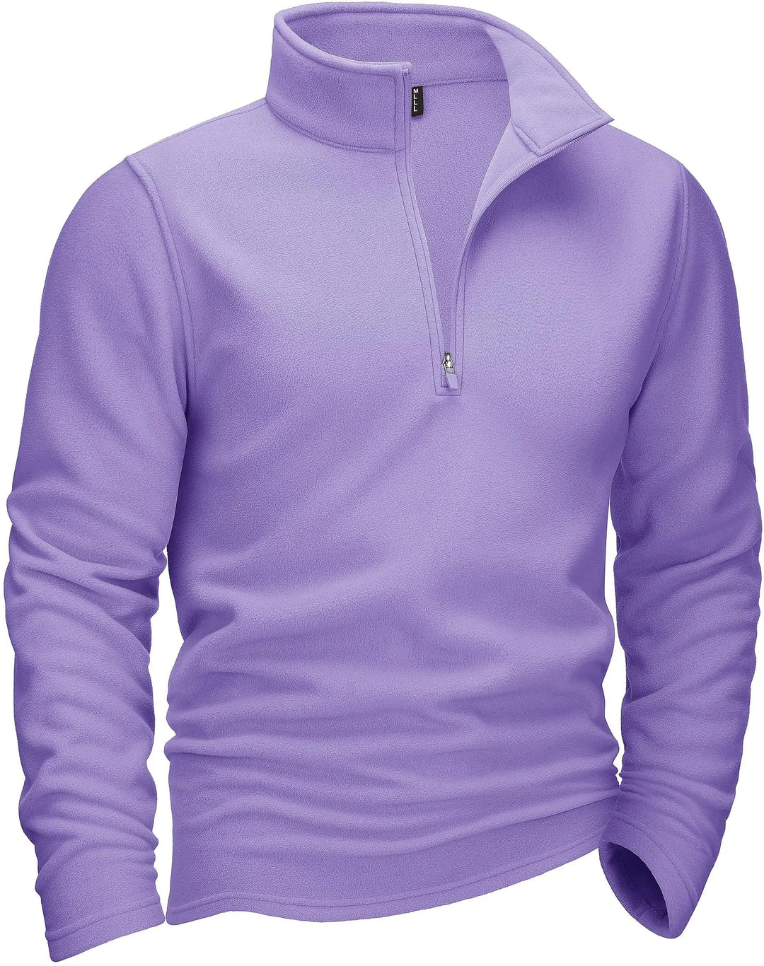 "Miesten harmaa fleece quarter-zip villapaita turtleneckilla, tarjoaen mukavuutta ja tyylikkyyttä kylmiin päiviin."