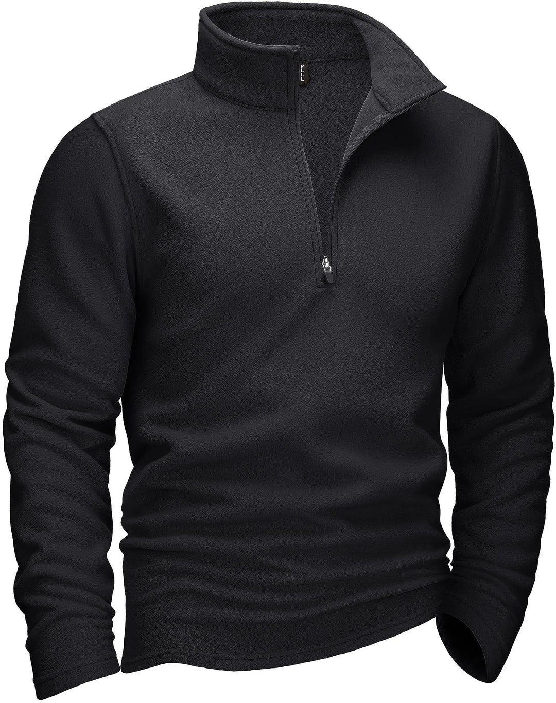 "Miesten harmaa fleece quarter-zip villapaita turtleneckilla, tarjoaen mukavuutta ja tyylikkyyttä kylmiin päiviin."