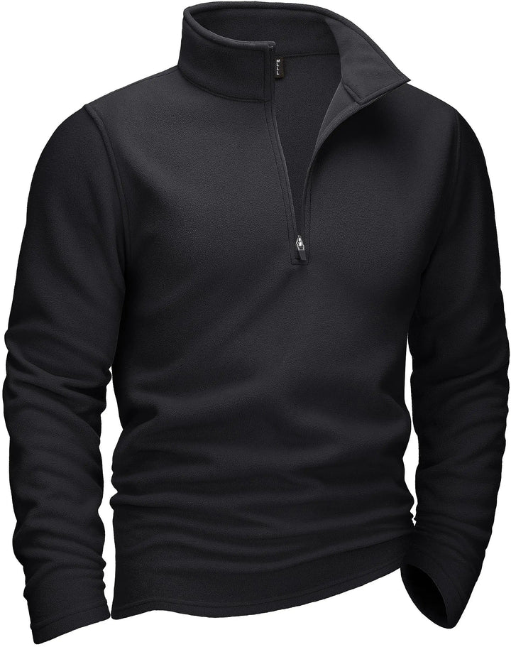 "Miesten harmaa fleece quarter-zip villapaita turtleneckilla, tarjoaen mukavuutta ja tyylikkyyttä kylmiin päiviin."