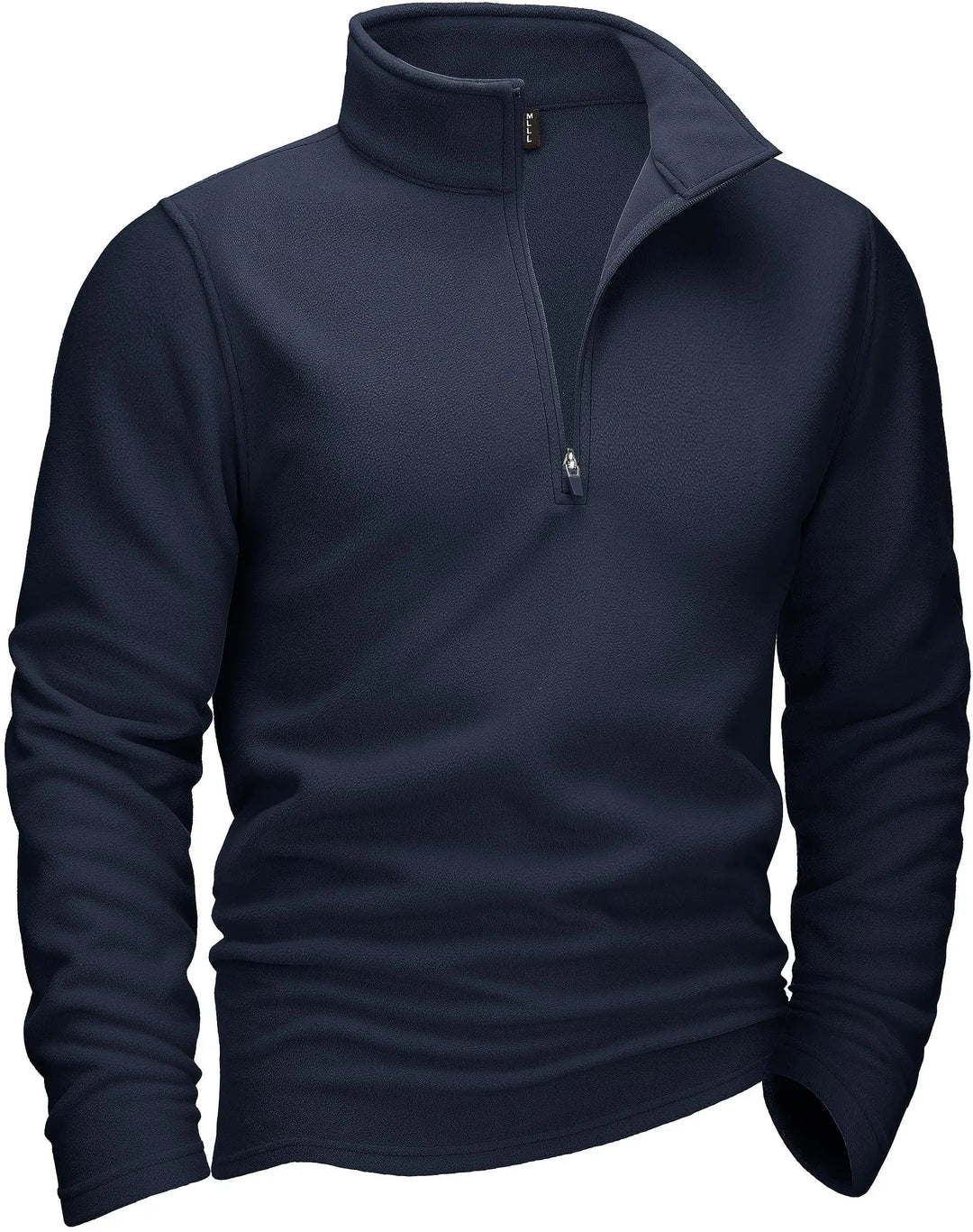 "Miesten harmaa fleece quarter-zip villapaita turtleneckilla, tarjoaen mukavuutta ja tyylikkyyttä kylmiin päiviin."