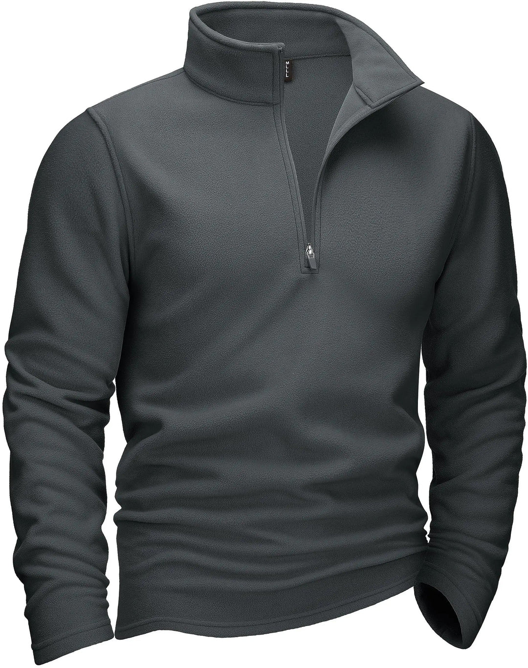 "Miesten harmaa fleece quarter-zip villapaita turtleneckilla, tarjoaen mukavuutta ja tyylikkyyttä kylmiin päiviin."