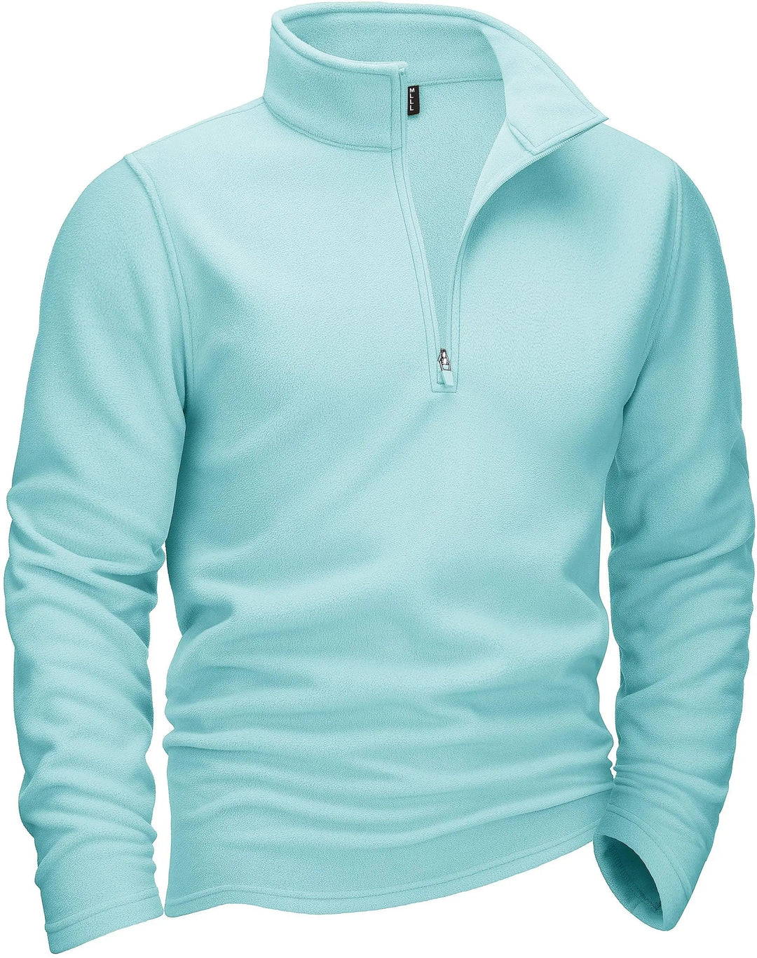 "Miesten harmaa fleece quarter-zip villapaita turtleneckilla, tarjoaen mukavuutta ja tyylikkyyttä kylmiin päiviin."