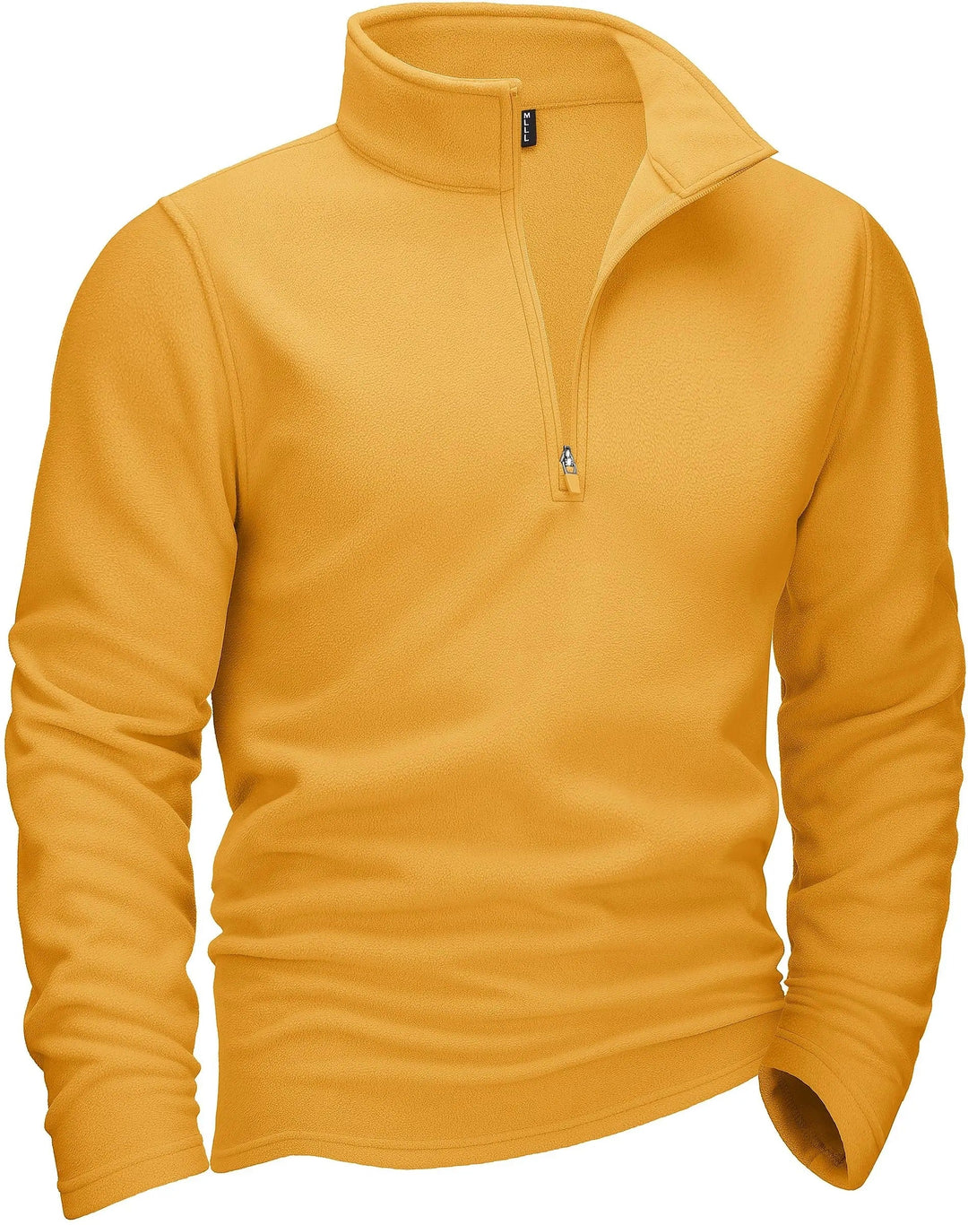 "Miesten harmaa fleece quarter-zip villapaita turtleneckilla, tarjoaen mukavuutta ja tyylikkyyttä kylmiin päiviin."