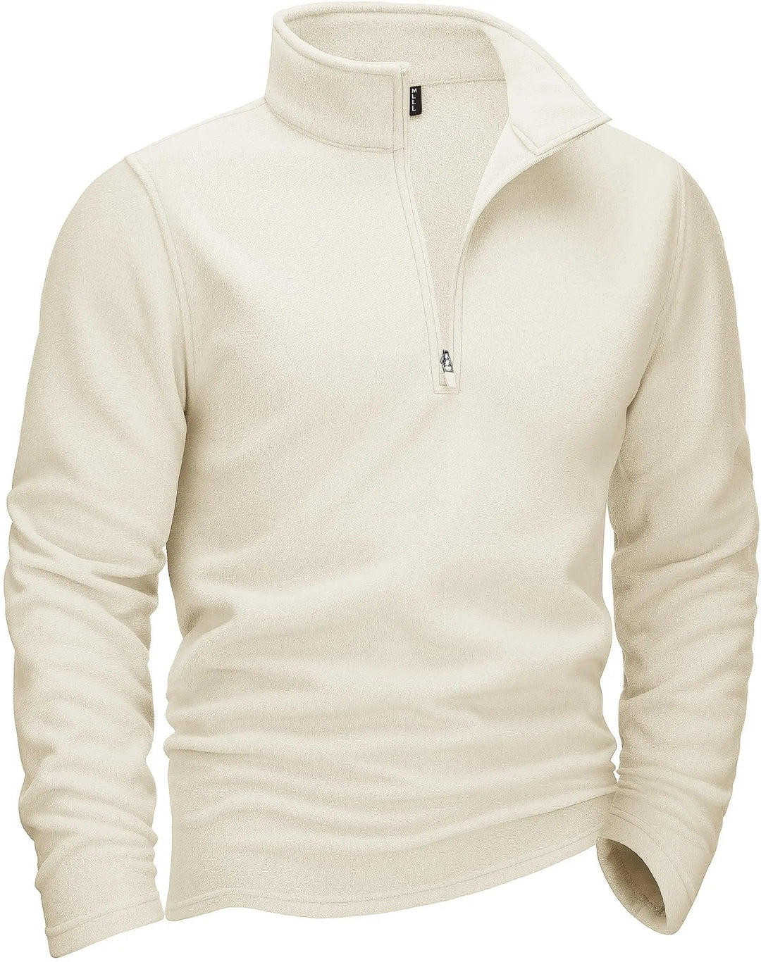 "Miesten harmaa fleece quarter-zip villapaita turtleneckilla, tarjoaen mukavuutta ja tyylikkyyttä kylmiin päiviin."