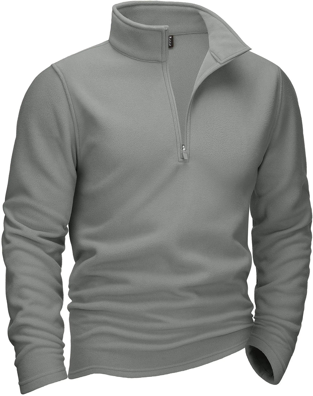 "Miesten harmaa fleece quarter-zip villapaita turtleneckilla, tarjoaen mukavuutta ja tyylikkyyttä kylmiin päiviin."