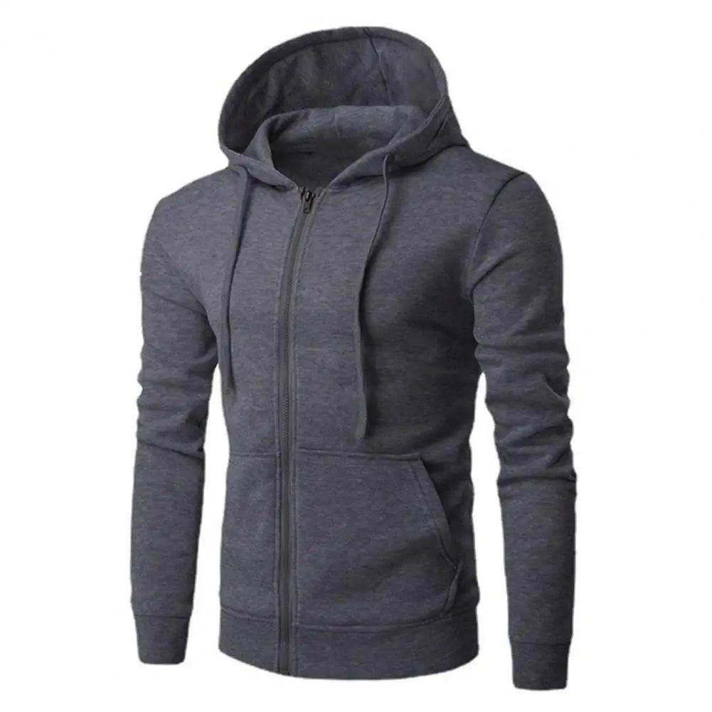 "Miesten harmaa slim fit vetoketjullinen hupparitakki, pehmeä neulottu kangas, edestä kuvattu."