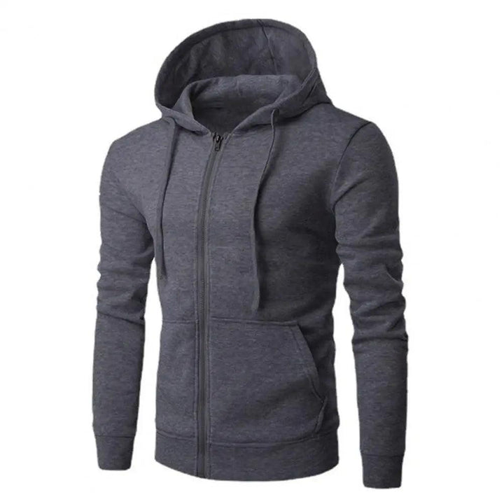 "Miesten harmaa slim fit vetoketjullinen hupparitakki, pehmeä neulottu kangas, edestä kuvattu."