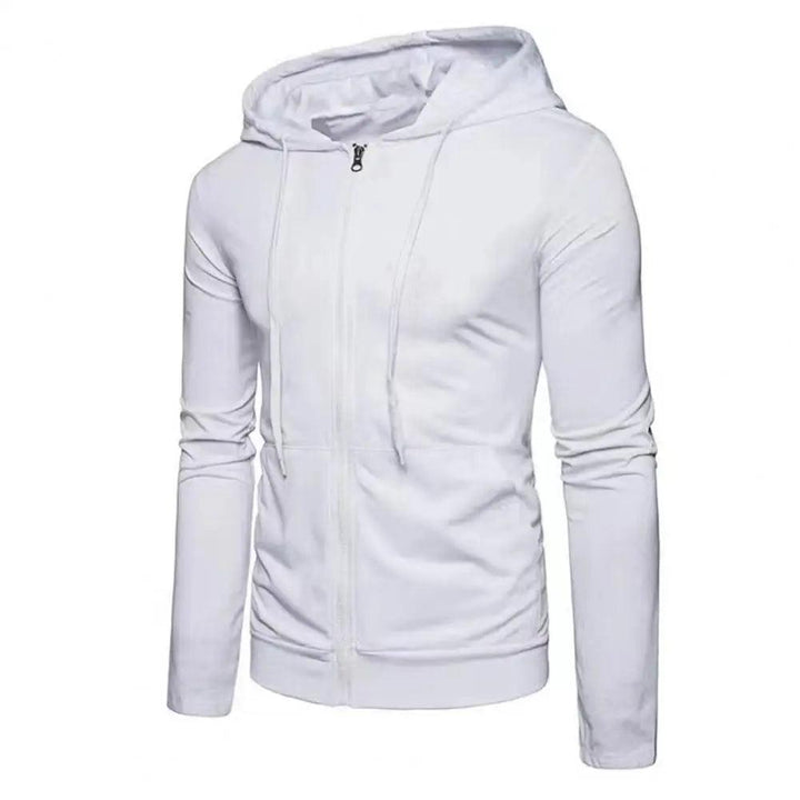 "Miesten harmaa slim fit vetoketjullinen hupparitakki, pehmeä neulottu kangas, edestä kuvattu."