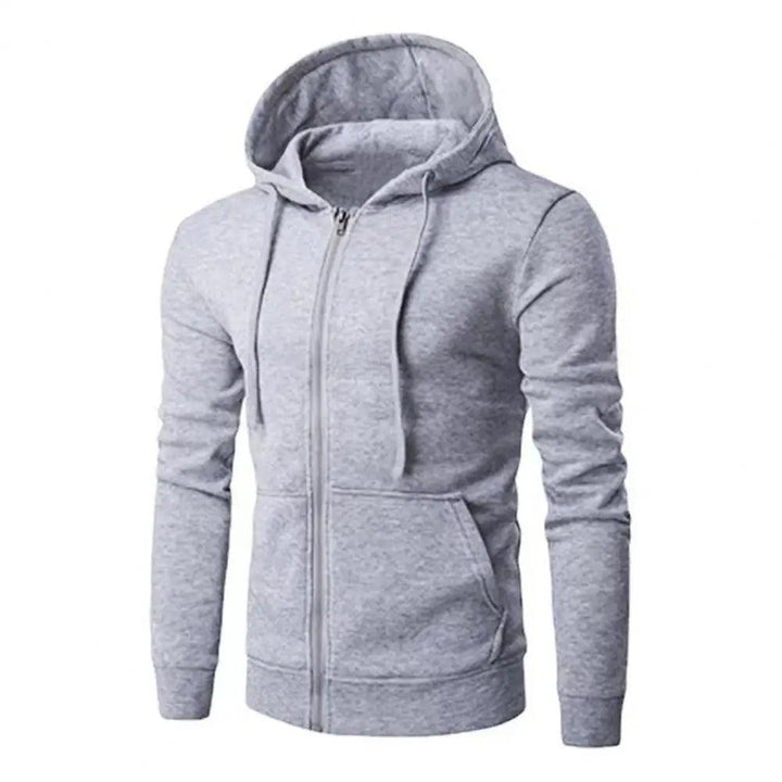 "Miesten harmaa slim fit vetoketjullinen hupparitakki, pehmeä neulottu kangas, edestä kuvattu."