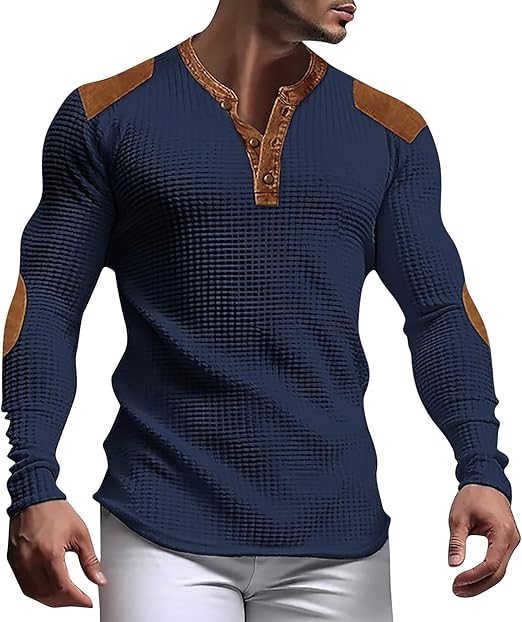 "Miesten harmaa vohveli Henley-paita, V-pääntie, slim fit, hengittävää ja kevyttä materiaalia, moderni ja tyylikäs look."