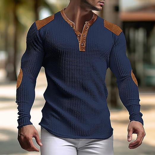 "Miesten harmaa vohveli Henley-paita, V-pääntie, slim fit, hengittävää ja kevyttä materiaalia, moderni ja tyylikäs look."