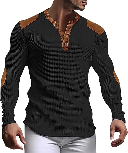 "Miesten harmaa vohveli Henley-paita, V-pääntie, slim fit, hengittävää ja kevyttä materiaalia, moderni ja tyylikäs look."