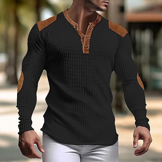 "Miesten harmaa vohveli Henley-paita, V-pääntie, slim fit, hengittävää ja kevyttä materiaalia, moderni ja tyylikäs look."