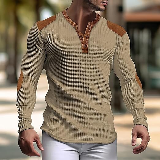 "Miesten harmaa vohveli Henley-paita, V-pääntie, slim fit, hengittävää ja kevyttä materiaalia, moderni ja tyylikäs look."