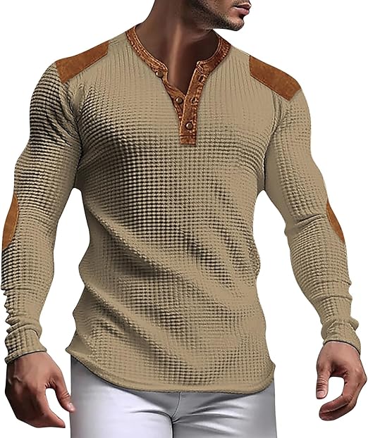 "Miesten harmaa vohveli Henley-paita, V-pääntie, slim fit, hengittävää ja kevyttä materiaalia, moderni ja tyylikäs look."
