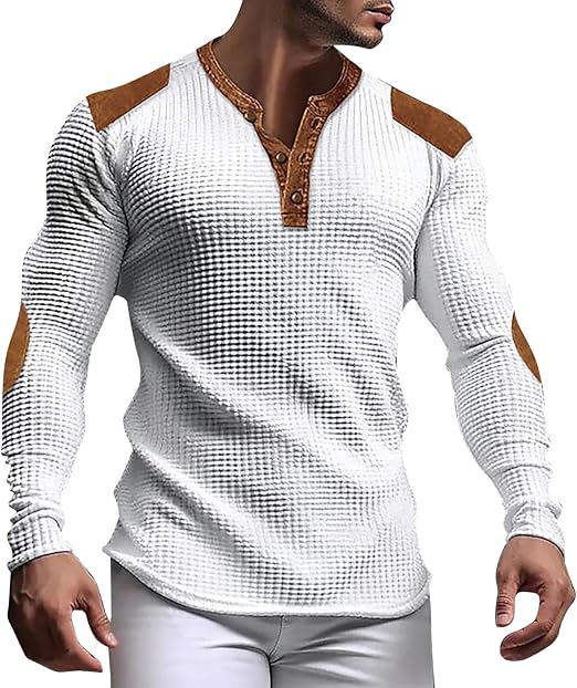 "Miesten harmaa vohveli Henley-paita, V-pääntie, slim fit, hengittävää ja kevyttä materiaalia, moderni ja tyylikäs look."