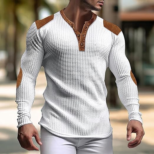"Miesten harmaa vohveli Henley-paita, V-pääntie, slim fit, hengittävää ja kevyttä materiaalia, moderni ja tyylikäs look."