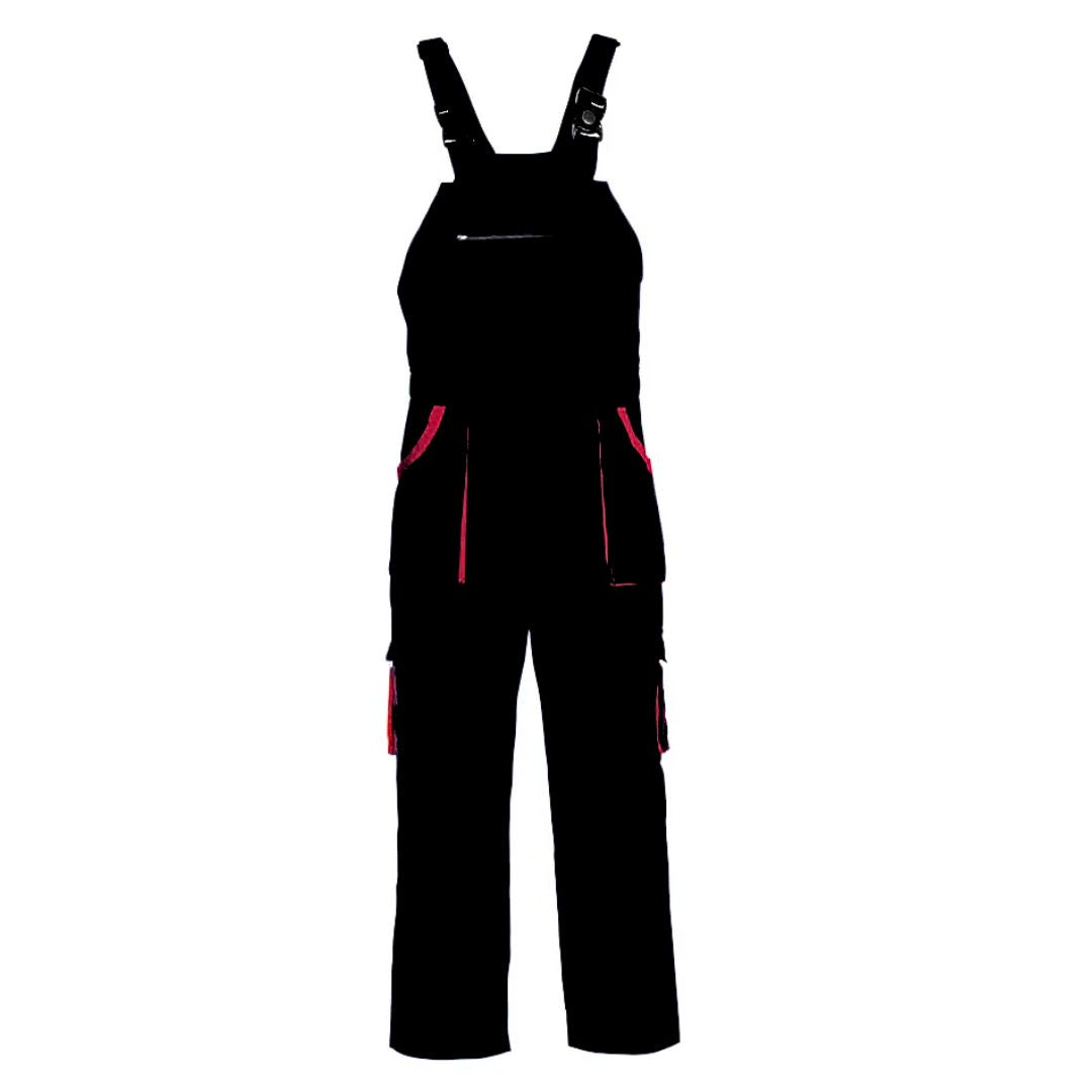 "Miesten harmaat työhaalarit, monia taskuja ja säädettävät hihnat, kestävä rakenne, moderni design."