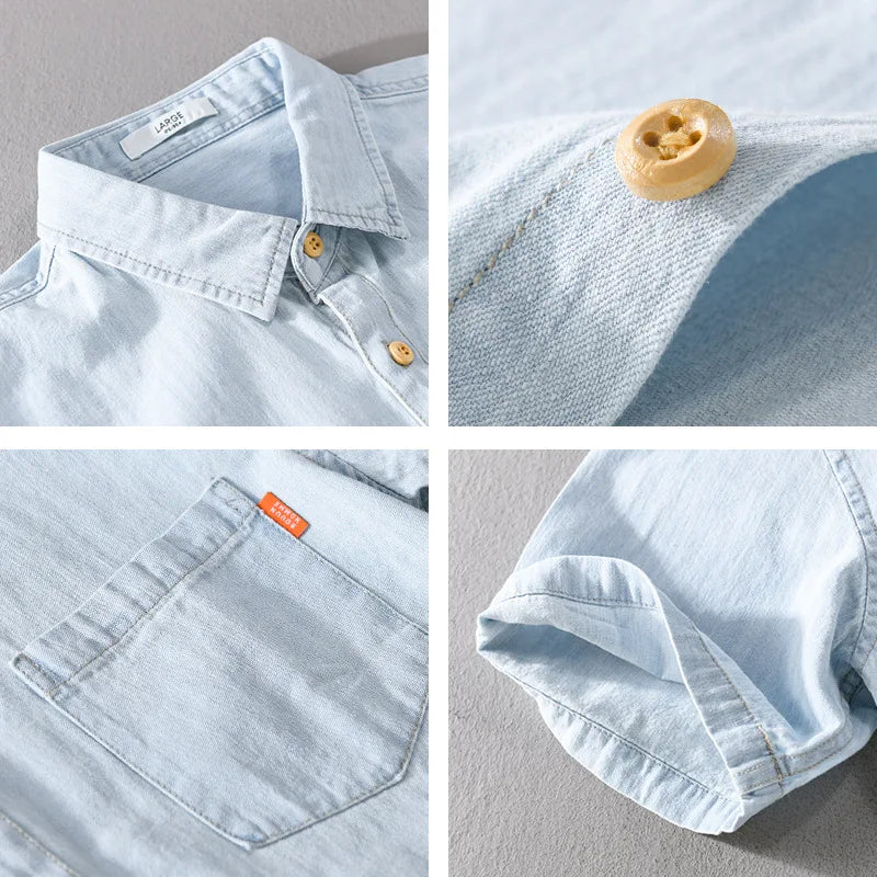 "Miesten hengittävä denim-farkkupaita, kevyt ja klassinen sininen, lyhyet hihat, yksityiskohtainen tekstiili"