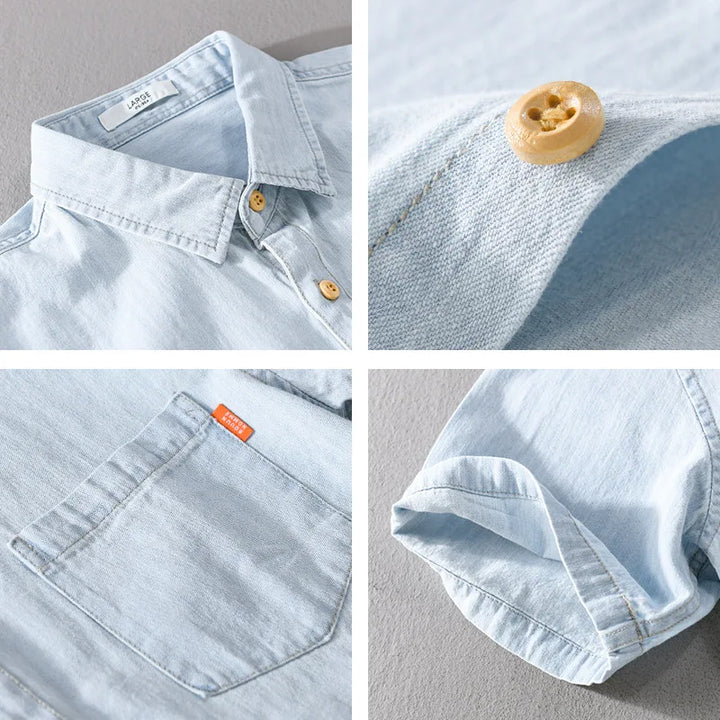 "Miesten hengittävä denim-farkkupaita, kevyt ja klassinen sininen, lyhyet hihat, yksityiskohtainen tekstiili"