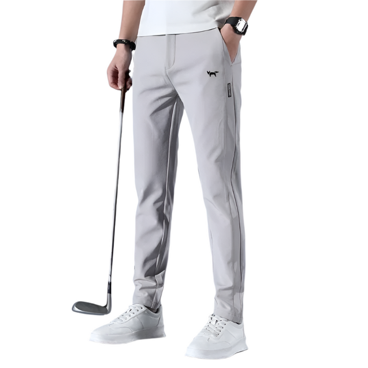 "Miesten hengittävät golfhousut joustavasta kankaasta, moderni tyyli ja ergonominen istuvuus vapaa-aikaan ja golfkentälle."