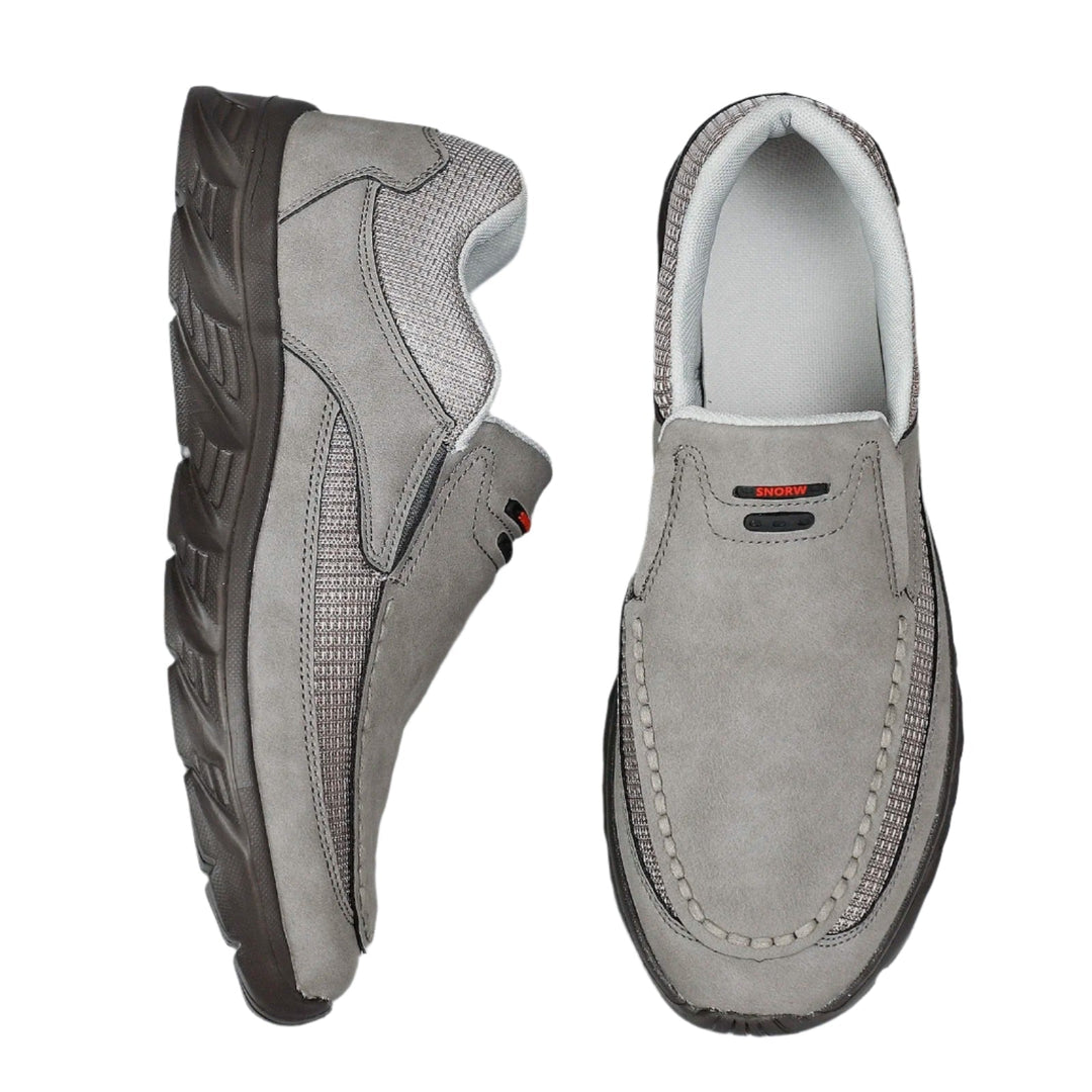 "Miesten hengittävät nahkaiset loafer-lenkkarit, harmaita ja ruskeita sävyjä, slip-on malli, kevyt sneaker-pohja."