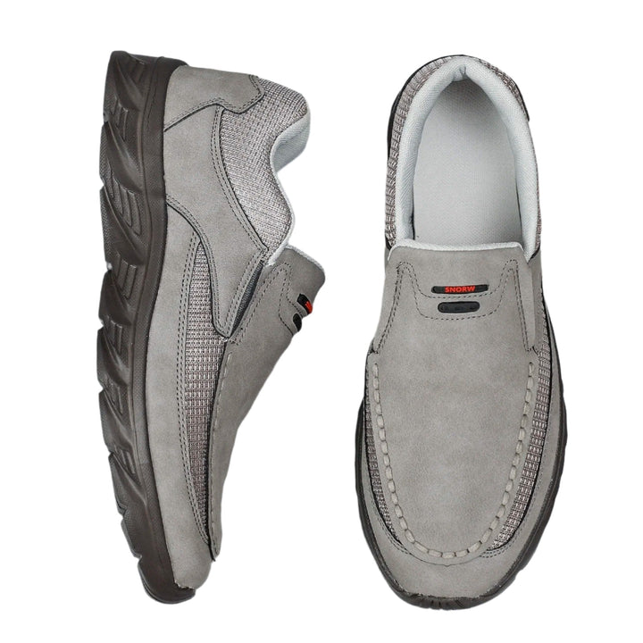 "Miesten hengittävät nahkaiset loafer-lenkkarit, harmaita ja ruskeita sävyjä, slip-on malli, kevyt sneaker-pohja."