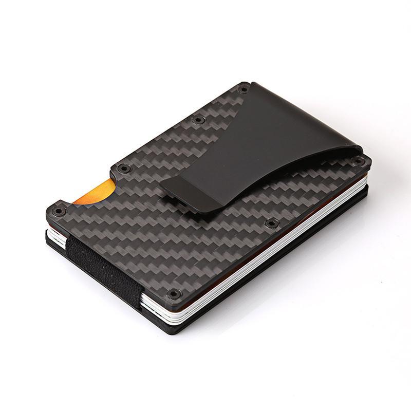 Mænds kulfiber RFID-blokerende pung, slank og stilfuld, grå med sorte detaljer, beskytter kort mod tyveri.
