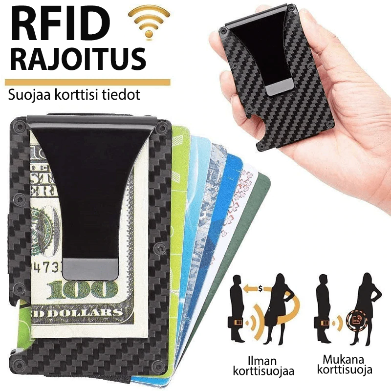 Mænds kulfiber RFID-blokerende pung, slank og stilfuld, grå med sorte detaljer, beskytter kort mod tyveri.
