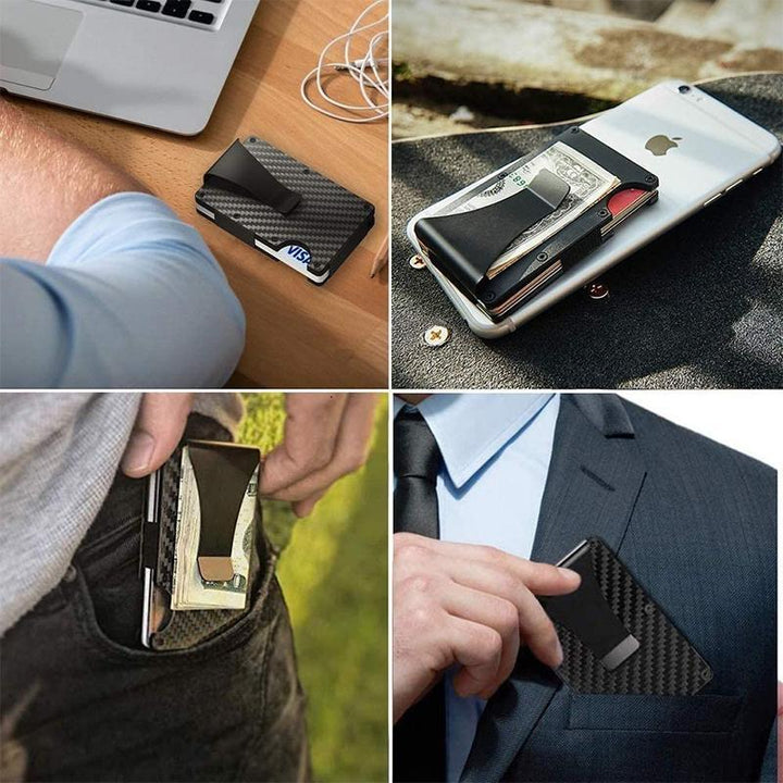 Mænds kulfiber RFID-blokerende pung, slank og stilfuld, grå med sorte detaljer, beskytter kort mod tyveri.