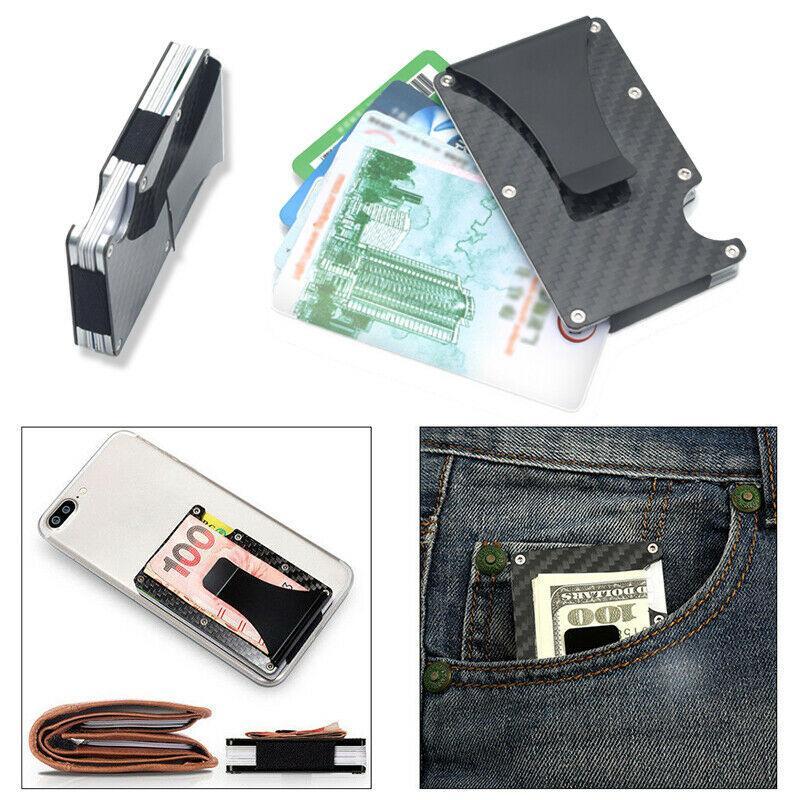 Mænds kulfiber RFID-blokerende pung, slank og stilfuld, grå med sorte detaljer, beskytter kort mod tyveri.