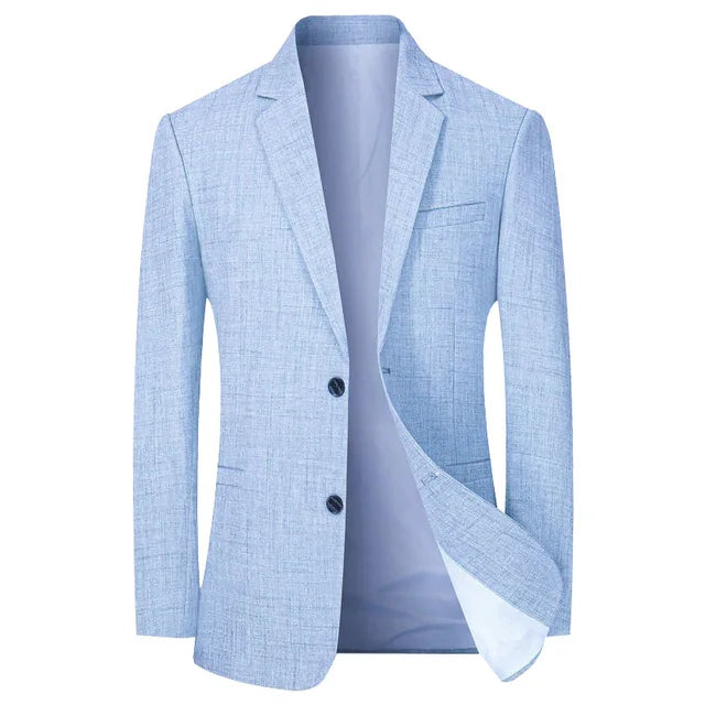 "Miesten hoikka polyesteri blazer, harmaakahvi väri, ajaton muotoilu, slim fit leikkaus, sopii muodollisiin tilaisuuksiin."
