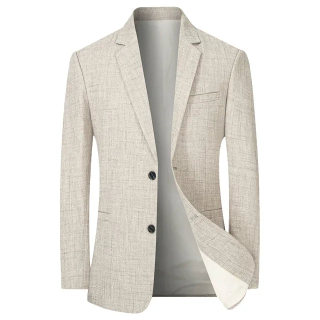 "Miesten hoikka polyesteri blazer, harmaakahvi väri, ajaton muotoilu, slim fit leikkaus, sopii muodollisiin tilaisuuksiin."