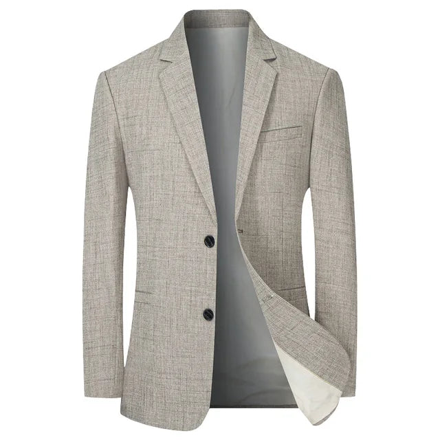 "Miesten hoikka polyesteri blazer, harmaakahvi väri, ajaton muotoilu, slim fit leikkaus, sopii muodollisiin tilaisuuksiin."