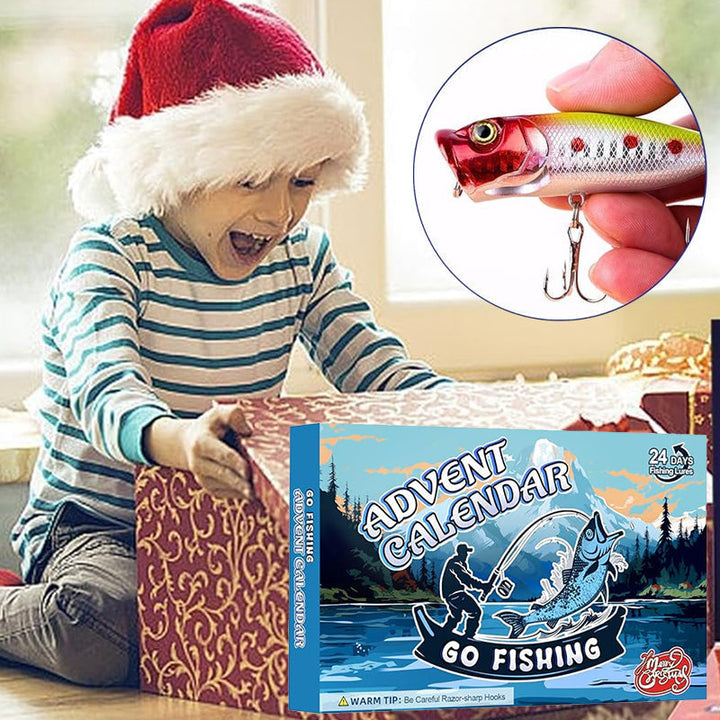 Mændenes julefiskekalender, 24 låger, farverigt fiskeudstyr arrangeret i en adventskalender.