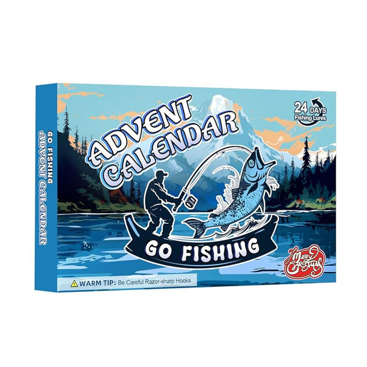 Mændenes julefiskekalender, 24 låger, farverigt fiskeudstyr arrangeret i en adventskalender.