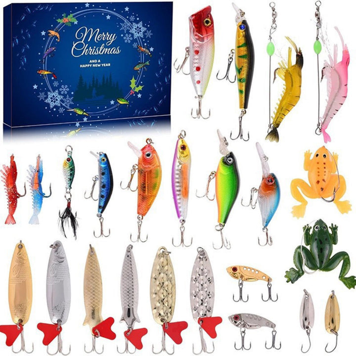 Mændenes julefiskekalender, 24 låger, farverigt fiskeudstyr arrangeret i en adventskalender.