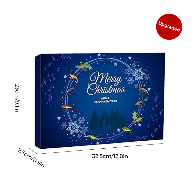 Mændenes julefiskekalender, 24 låger, farverigt fiskeudstyr arrangeret i en adventskalender.