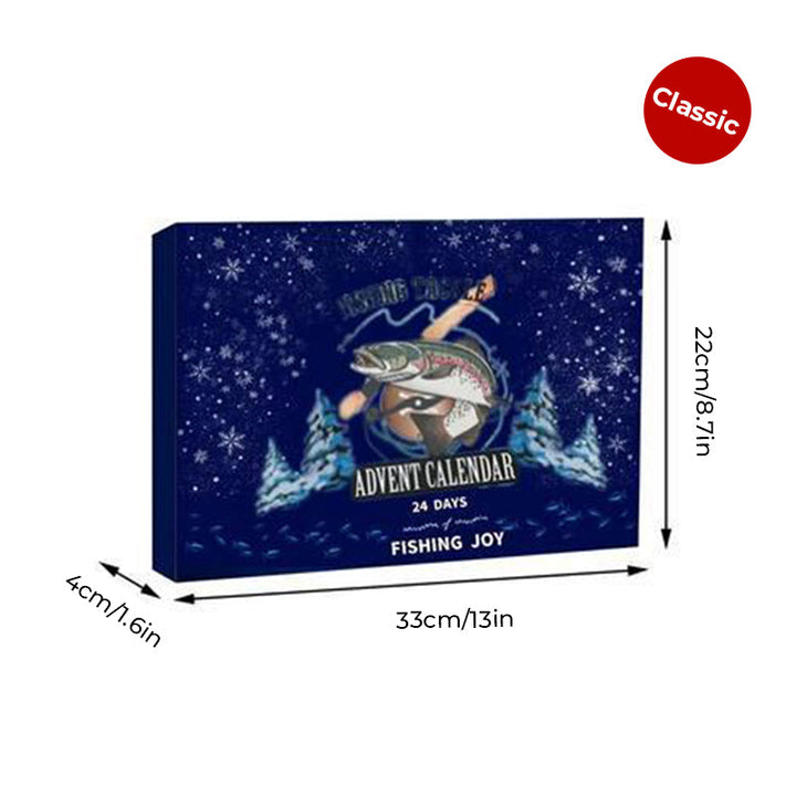 Mændenes julefiskekalender, 24 låger, farverigt fiskeudstyr arrangeret i en adventskalender.