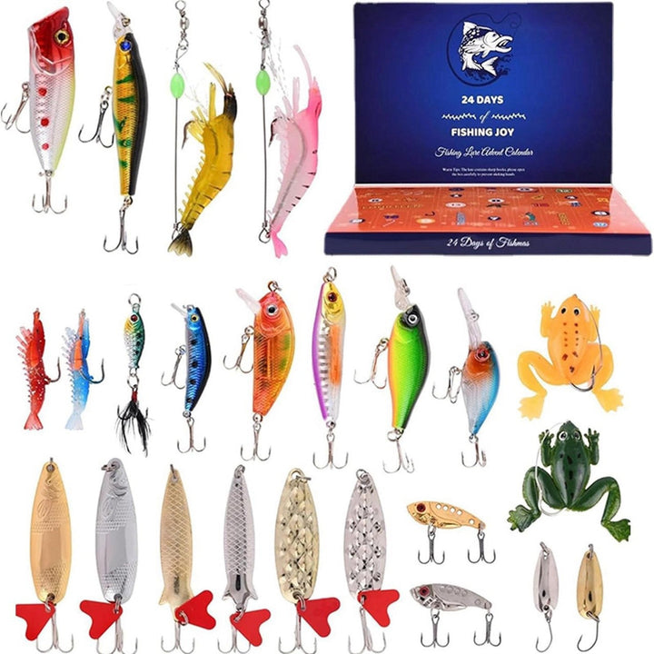 Mændenes julefiskekalender, 24 låger, farverigt fiskeudstyr arrangeret i en adventskalender.