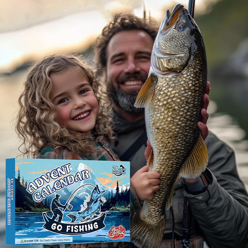Mændenes julefiskekalender, 24 låger, farverigt fiskeudstyr arrangeret i en adventskalender.