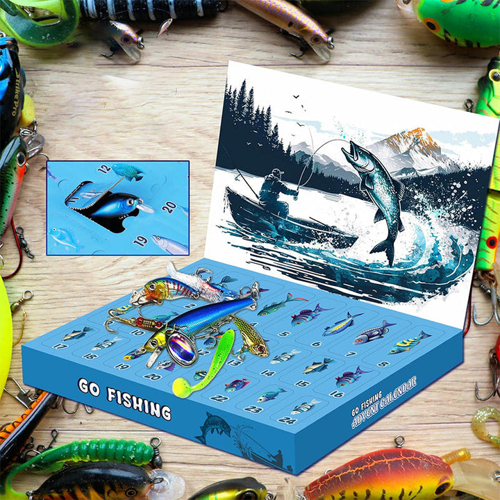 Mændenes julefiskekalender, 24 låger, farverigt fiskeudstyr arrangeret i en adventskalender.