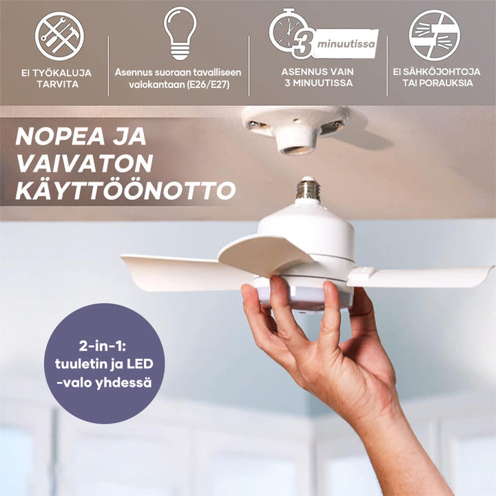 Herre loftventilator med LED-lys, moderne design, sort ramme, klar belysning og køling i én pakke.