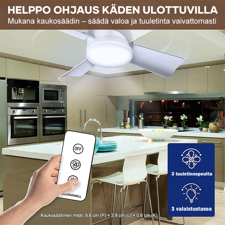 Herre loftventilator med LED-lys, moderne design, sort ramme, klar belysning og køling i én pakke.