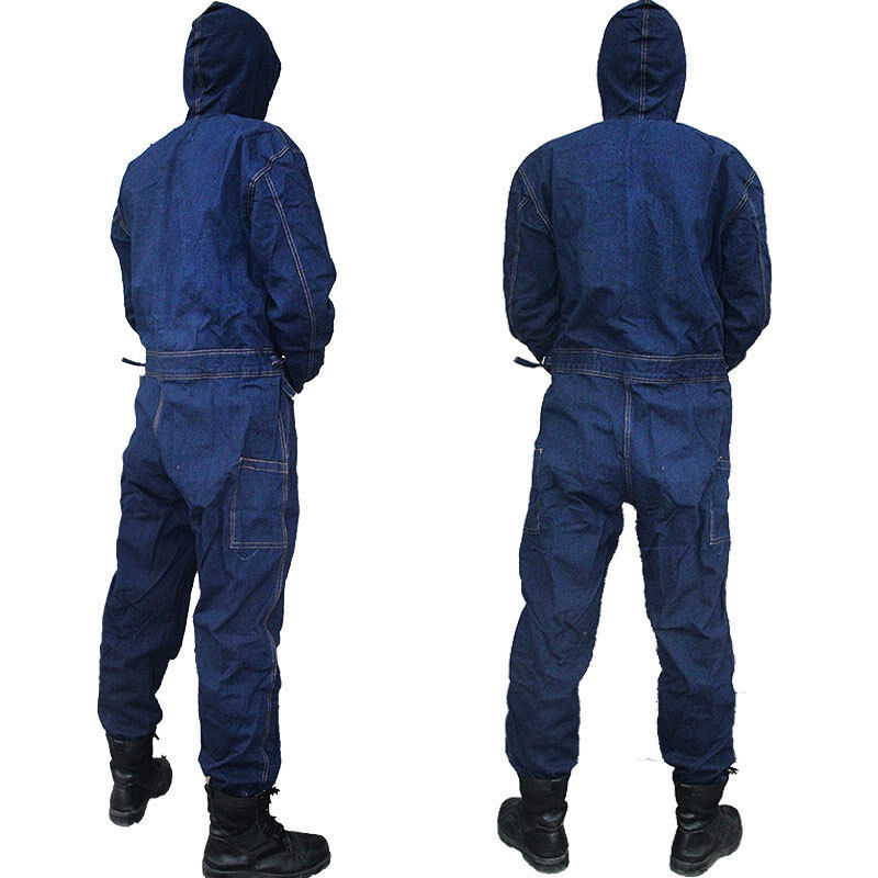 "Miesten kestävä farkkuhaalari, sininen denim, taskut, säädettävät olkaimet, työkäyttöön, ergonominen muotoilu"