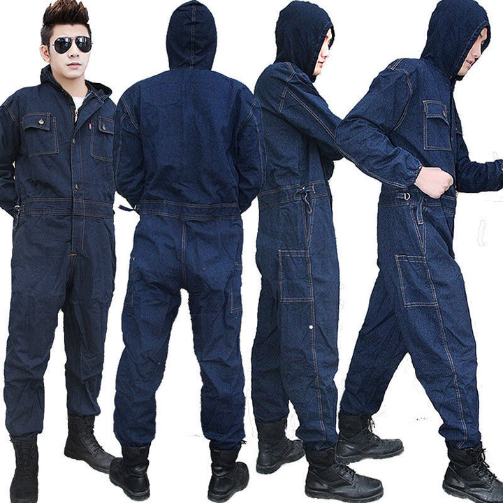 "Miesten kestävä farkkuhaalari, sininen denim, taskut, säädettävät olkaimet, työkäyttöön, ergonominen muotoilu"