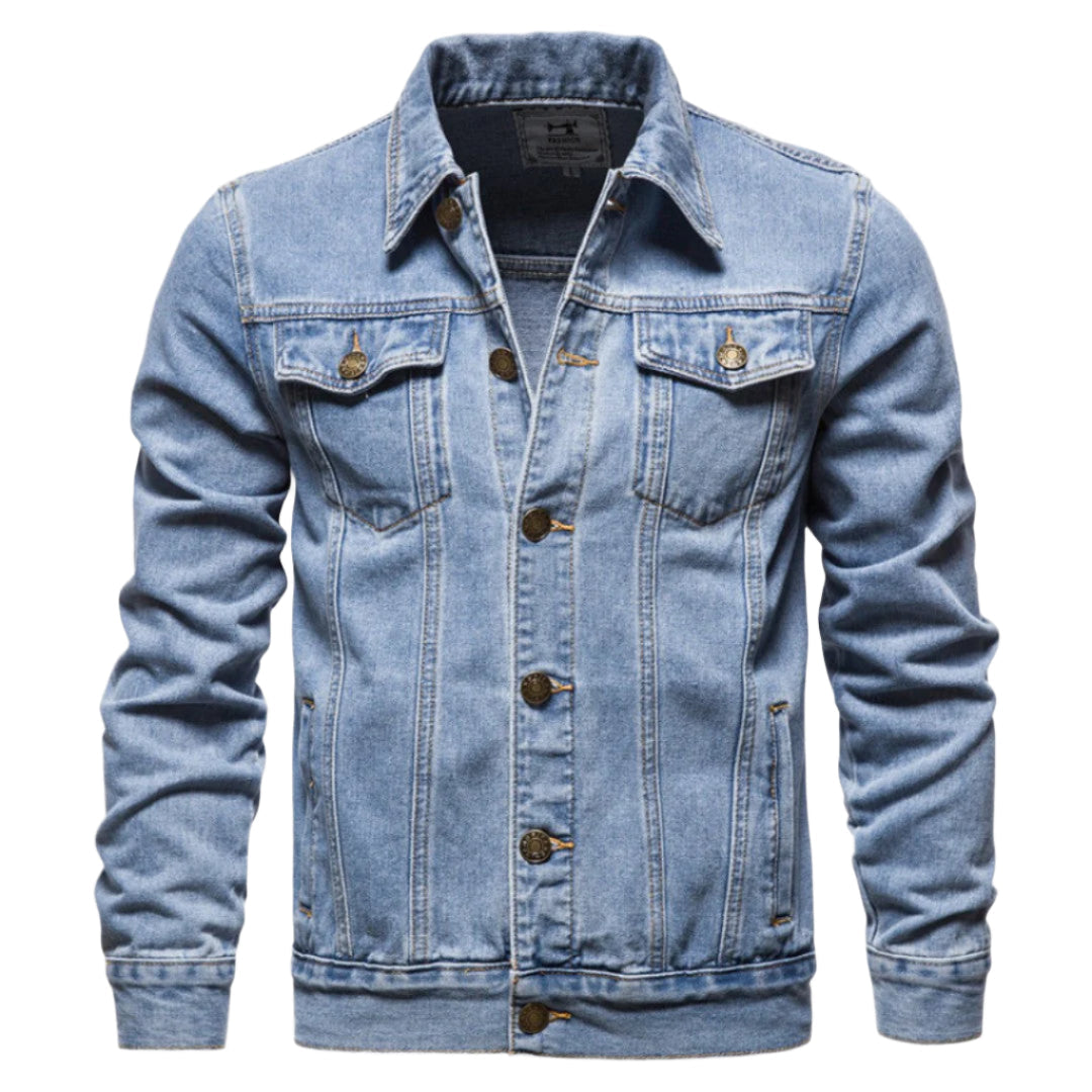Miesten kestävä pesemätön denim takki edestä, jykevä sininen materiaali, rintataskut, sopii moderniin tyyliin.
