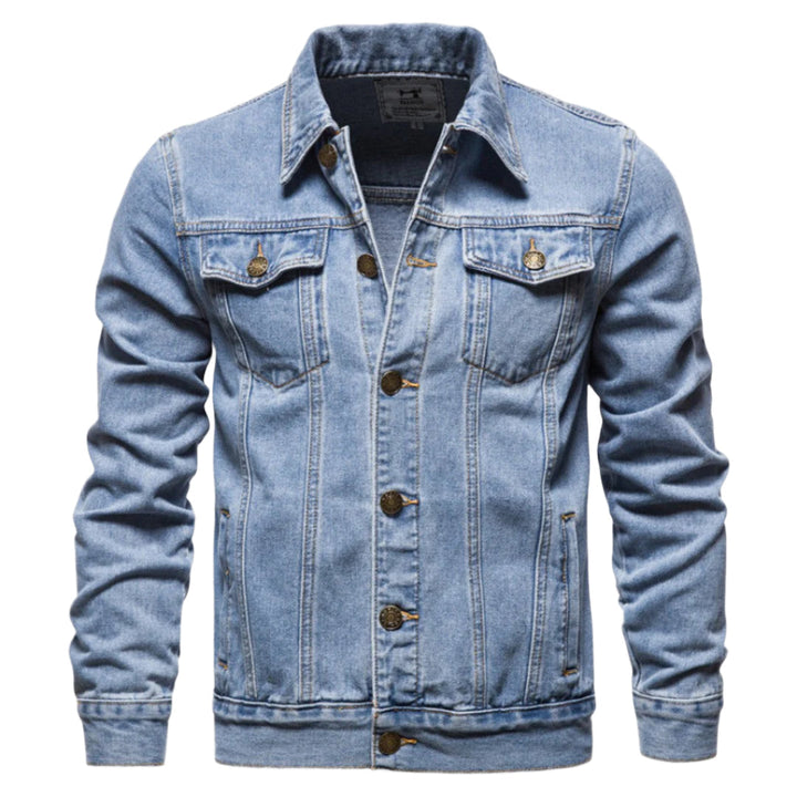 Miesten kestävä pesemätön denim takki edestä, jykevä sininen materiaali, rintataskut, sopii moderniin tyyliin.